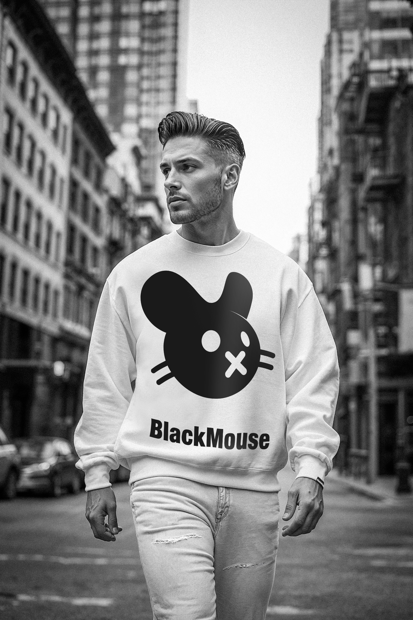 Gents Big BlackMouse Organic Fluffy Sweat White