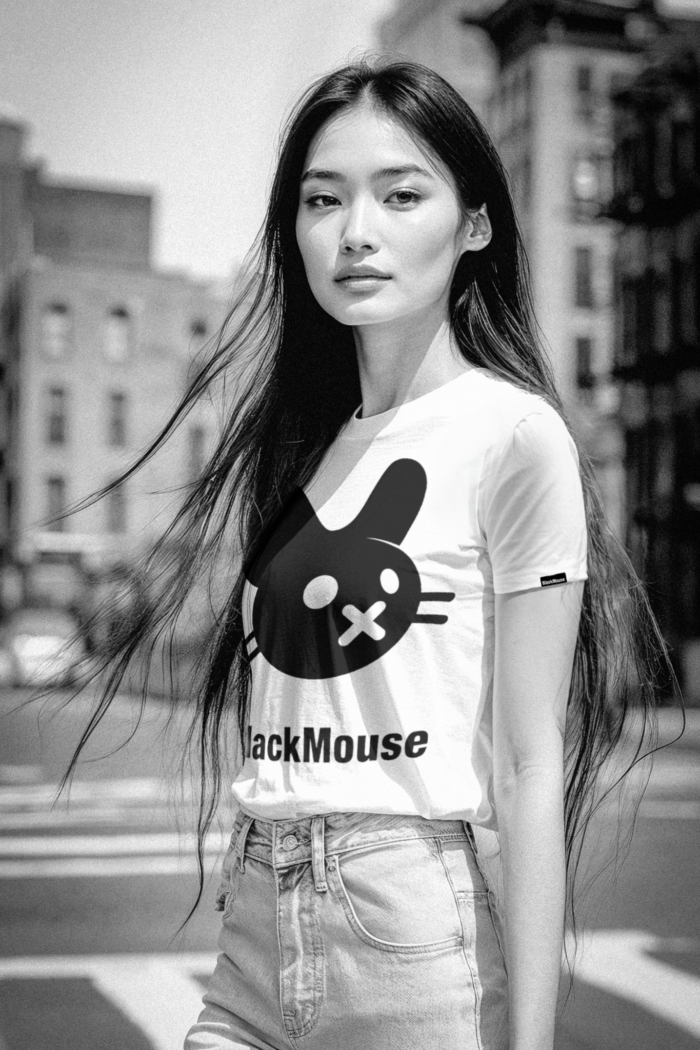 Lady's Big BlackMouse Organic T-Shirt (Fitted Cut) White